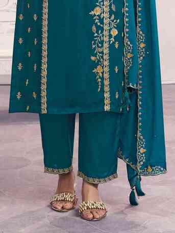 Mumbai, Clothing & Accessories, INR 2701,  Buy Seerat Teal Panel Embroidery Straight Kurta With Dyed Trousers And Embroidery Dupatta