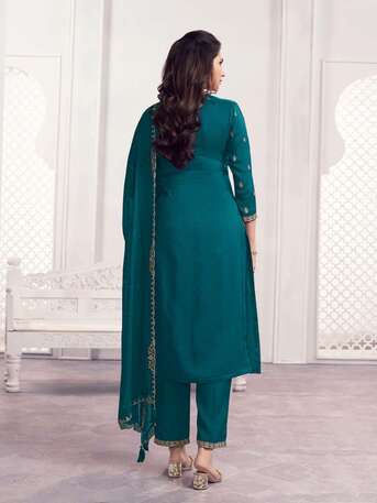Mumbai, Clothing & Accessories, INR 2701,  Buy Seerat Teal Panel Embroidery Straight Kurta With Dyed Trousers And Embroidery Dupatta