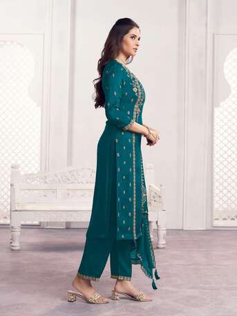 Mumbai, Clothing & Accessories, INR 2701,  Buy Seerat Teal Panel Embroidery Straight Kurta With Dyed Trousers And Embroidery Dupatta