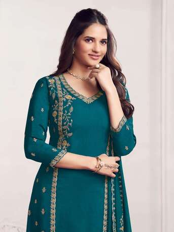 Mumbai, Clothing & Accessories, INR 2701,  Buy Seerat Teal Panel Embroidery Straight Kurta With Dyed Trousers And Embroidery Dupatta