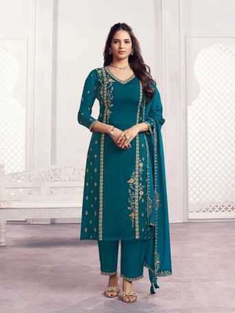 Mumbai, Clothing & Accessories, INR 2701,  Buy Seerat Teal Panel Embroidery Straight Kurta With Dyed Trousers And Embroidery Dupatta