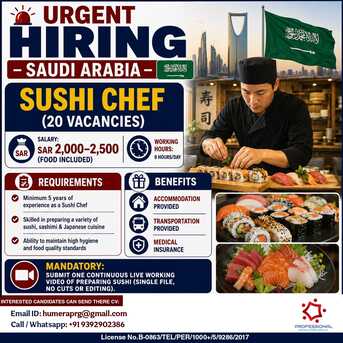 Islamabad, Jobs, Hiring Sushi Chefs For Saudi Arabia