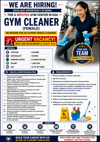 Riyadh, Jobs, Gym Cleaner (Filipino Female) &ndash; Saudi Arabia (KSA)