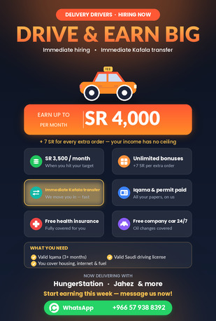 Riyadh, Jobs, Derivers Only!! Food Delivery Drivers Wanted Immediate Hiring - 3500 SR Income