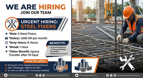 Al Malaz, Jobs, Steel Fixer Hiring For Big Construction Company