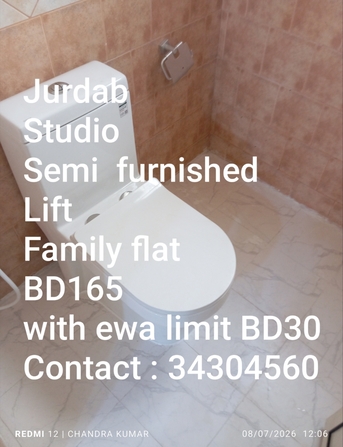 Manama, Apartments, Flats, Houses & Villas, BHD 165/month,  Studio,  Semifurnished Studio Flat For Rent In Jurdab BD 165 With Ewa Limit 30 Contact : 34304560