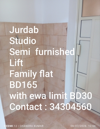 Manama, Apartments, Flats, Houses & Villas, BHD 165/month,  Studio,  Semifurnished Studio Flat For Rent In Jurdab BD 165 With Ewa Limit 30 Contact : 34304560