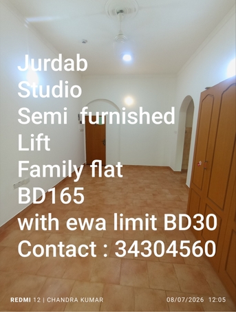 Manama, Apartments, Flats, Houses & Villas, BHD 165/month,  Studio,  Semifurnished Studio Flat For Rent In Jurdab BD 165 With Ewa Limit 30 Contact : 34304560