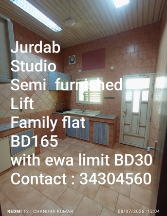 Manama, Apartments, Flats, Houses & Villas, BHD 165/month,  Studio,  Semifurnished Studio Flat For Rent In Jurdab BD 165 With Ewa Limit 30 Contact : 34304560