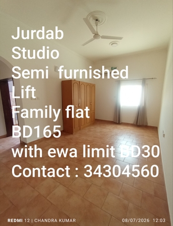 Manama, Apartments, Flats, Houses & Villas, BHD 165/month,  Studio,  Semifurnished Studio Flat For Rent In Jurdab BD 165 With Ewa Limit 30 Contact : 34304560