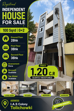 Hyderabad, Real Estate For Sale, INR 1,  6 BR,  100 Sq. Yard,  House For Sale G+2 100Sqrd I.A.S Colony Tolichowki