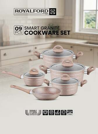 Jubail, Household Items, SAR 199,  Brand New Royalford 9-Piece Granite Non-Stick Cookware Set