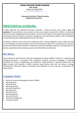 Riyadh, Job Seekers, Document Cotroller With 5 Years Experience