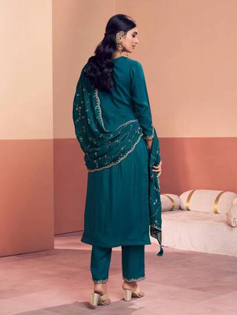 Mumbai, Clothing & Accessories, INR 2701,  Buy Seerat Teal Embroidery With Mina Straight Kurta And Dyed Trousers With Mina Embroidery