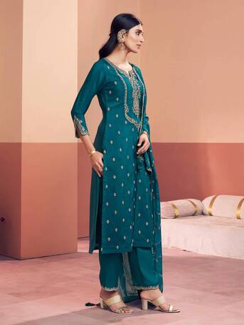 Mumbai, Clothing & Accessories, INR 2701,  Buy Seerat Teal Embroidery With Mina Straight Kurta And Dyed Trousers With Mina Embroidery