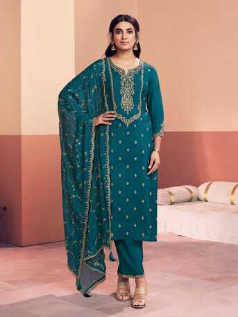 Mumbai, Clothing & Accessories, INR 2701,  Buy Seerat Teal Embroidery With Mina Straight Kurta And Dyed Trousers With Mina Embroidery