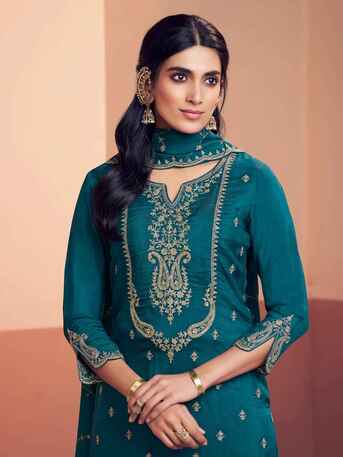 Mumbai, Clothing & Accessories, INR 2701,  Buy Seerat Teal Embroidery With Mina Straight Kurta And Dyed Trousers With Mina Embroidery