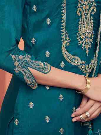 Mumbai, Clothing & Accessories, INR 2701,  Buy Seerat Teal Embroidery With Mina Straight Kurta And Dyed Trousers With Mina Embroidery