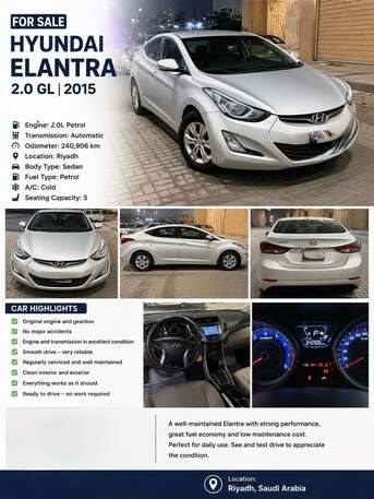 Riyadh, Vehicles, Cars & Trucks , SAR 35000,  Hyundai Elantra,  2015,  Automatic,  240 KM,  🚨 URGENT SALE 🚨  2.0 –  Model