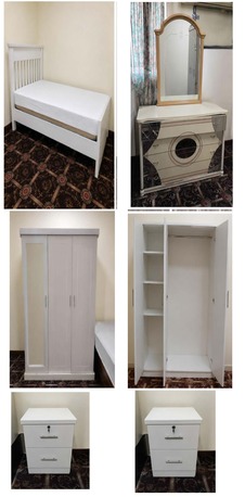 Khobar, Furniture, SAR 630,  Premium White Bedroom Furniture Set | Bed + Wardrobe + Dressing Table + Bedside Table
