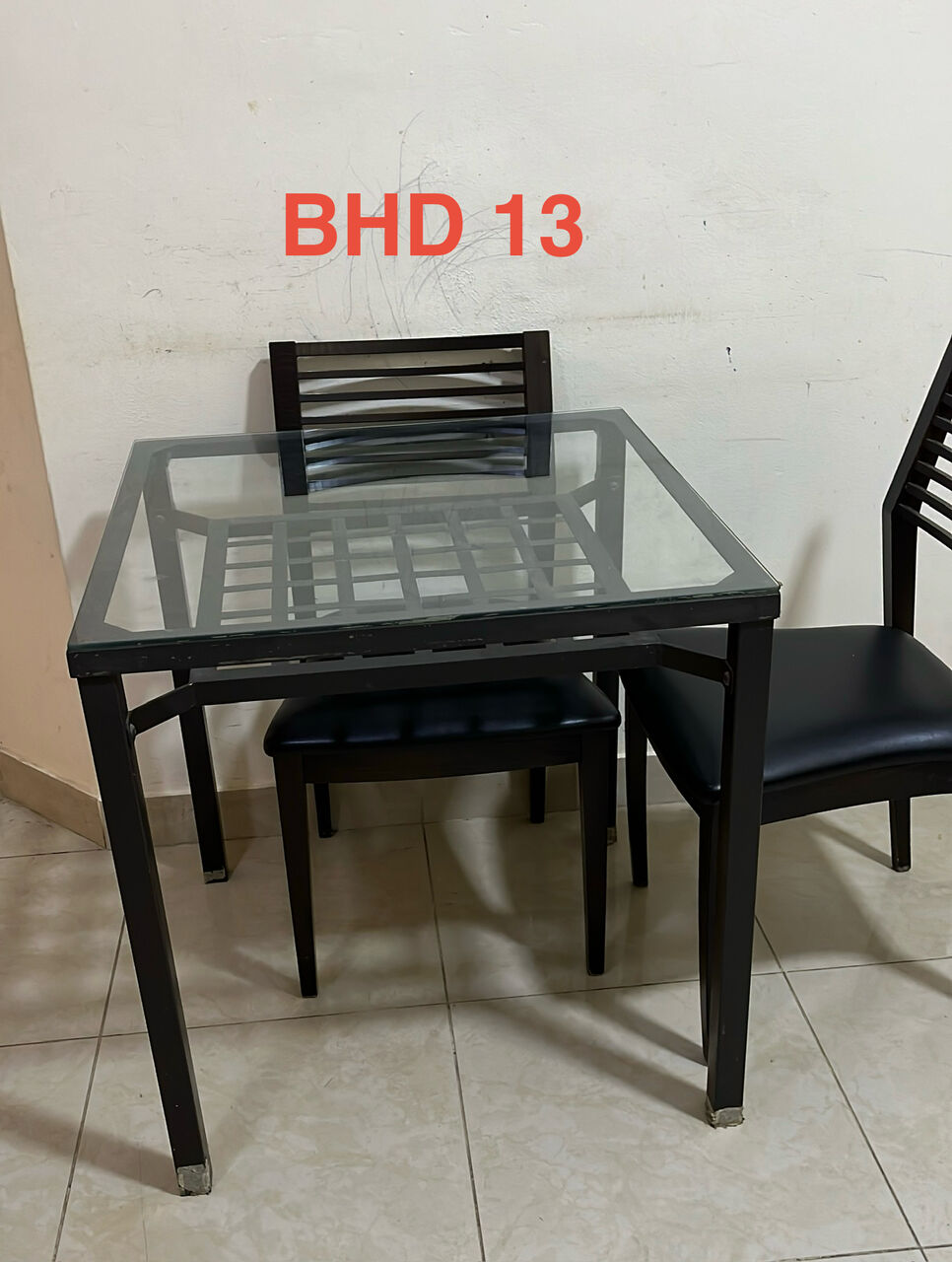 Gudaibiya, Furniture, BHD 13,  Metallic Dining Table With Glass Top And 2 Wooden Chairs