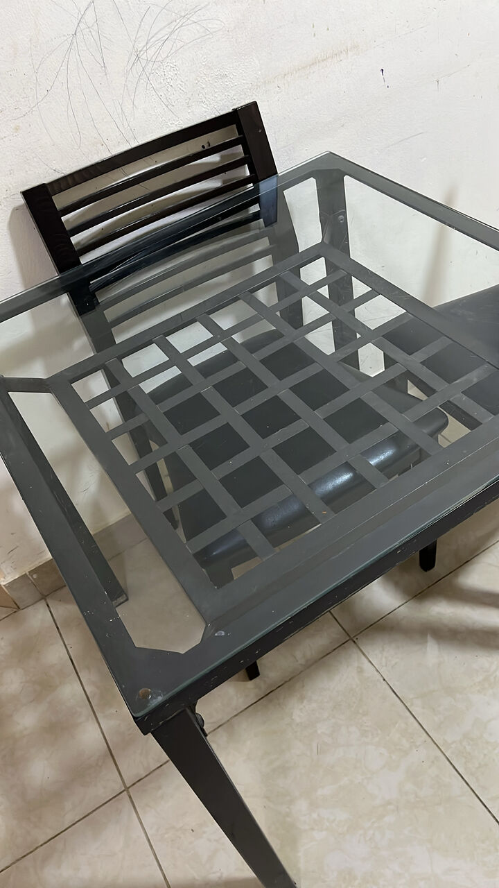Gudaibiya, Furniture, BHD 13,  Metallic Dining Table With Glass Top And 2 Wooden Chairs
