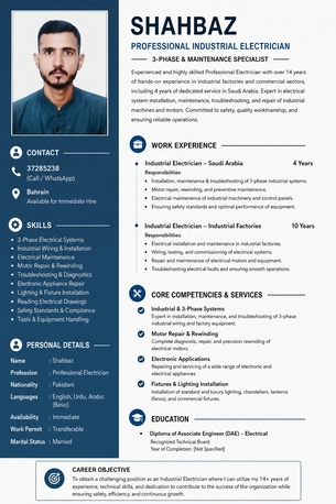 Muharraq, Job Seekers, Professional Industrial Electrician & Plumber Shahbaz &ndash; 3-Phase & Maintenance Specialist