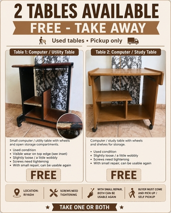 Hara, Furniture, 2 Computer Tables Available For Free &ndash; Minor Repair Needed