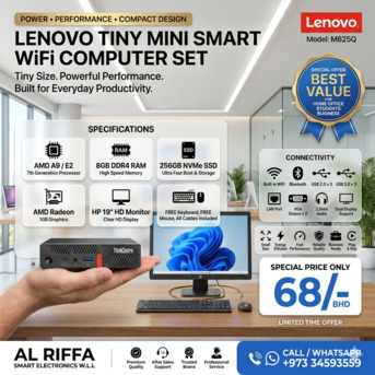 East Riffa, Computers, BHD 68,  LENOVO Tiny Smart WiFi Computer Set With AMD Graphics Card 8GB Ram 256GB SSD 19"HD Monito