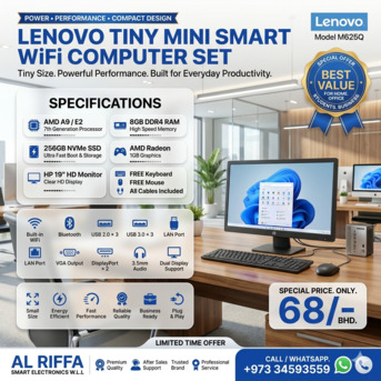 Muharraq, Computers, BHD 68,  LENOVO Tiny Smart WiFi Computer Set With AMD Graphics Card 8GB Ram 256GB SSD 19"HD Monitor