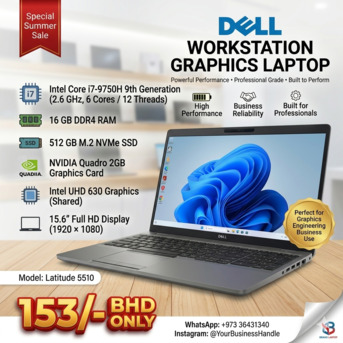 East Riffa, Computers, BHD 153,  DELL Core I7 9th Gen 2.6GHz H Processor Laptop 15.6" FHD LED 16GB RAM NVidia 2GB Graphics