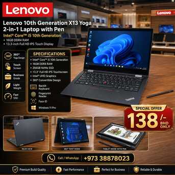 Manama, Tablet Computers, BHD 138,  Lenovo 10th Generation 2in1 Touch Laptop+Tablet With Pen 16GB RAM 8GB Graphics FREE Gifts