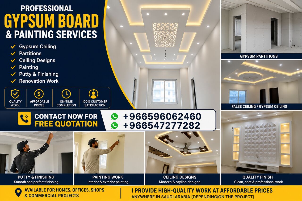 Jeddah, Interior Design, Professional Gypsum Board & Painting Services