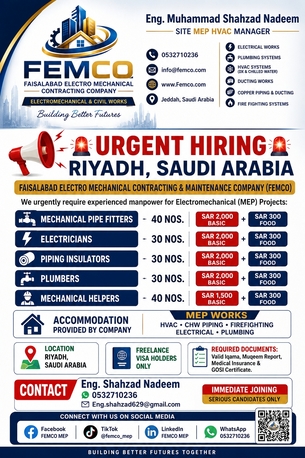 Jubail, Jobs, URGENT HIRING Freelance Visa ElectroMechanical Worker  RIYADH, SAUDI ARABIA