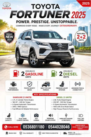 Al Jubail Al Balad, Logistics, Toyota Fortuner 2025 For Monthly Yearly Rent GCC Specs