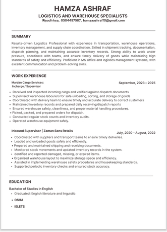 Riyadh, Job Seekers, Storekeeper/Warehouse Supervisor/ Inbound Supervisor/ Incharge