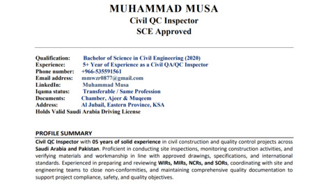 Abha, Job Seekers, Civil QC Inspector