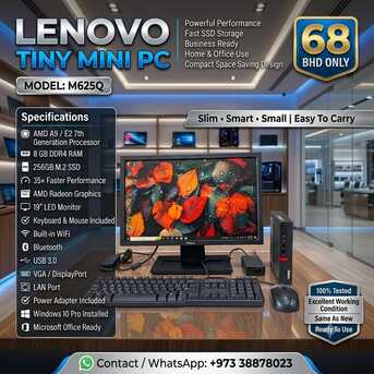 Manama, Tablet Computers, BHD 68,  Lenovo Tiny Mini PC AMD 7th Gen RAM 8GB SSD 256GB M.2 With 19" Mon Built-in WIFI Bluetooth
