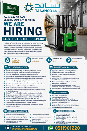 Riyadh, Jobs, Saudi Arabia Base Leading Company Is Hiring Electric Forklift Operator