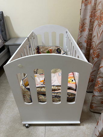 Khobar, Baby & Kid Stuff, SAR 450,  White Wooden Baby Cot / Toddler Bed Bundle (Includes 2 Mattresses + Full Bedding Set).