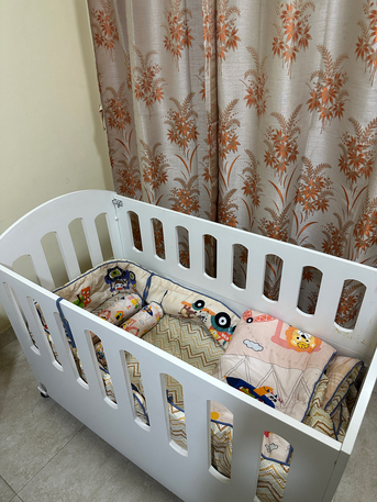Khobar, Baby & Kid Stuff, SAR 450,  White Wooden Baby Cot / Toddler Bed Bundle (Includes 2 Mattresses + Full Bedding Set).