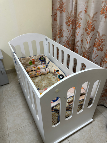 Khobar, Baby & Kid Stuff, SAR 450,  White Wooden Baby Cot / Toddler Bed Bundle (Includes 2 Mattresses + Full Bedding Set).