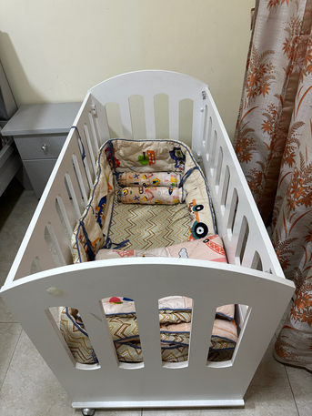 Khobar, Baby & Kid Stuff, SAR 450,  White Wooden Baby Cot / Toddler Bed Bundle (Includes 2 Mattresses + Full Bedding Set).