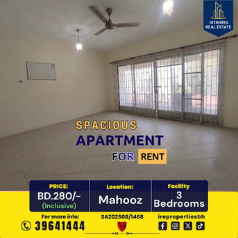 Mahooz, Apartments, Flats, Houses & Villas, BHD 280/month,  160 Sq. Meter,  Spacious 3BHK Apartment For Rent BD 280/- Inclusive