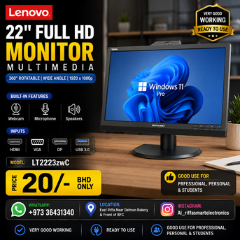 East Riffa, Computers, BHD 20,  Lenovo 22" Full HD Monitor Multimedia 360*Rotatable In-built Webcam, Speakers & Microphone