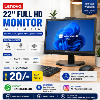 Muharraq, Computers, BHD 20,  Lenovo 22" Full HD Monitor Multimedia 360*Rotatable In-built Webcam, Speakers & Microphone