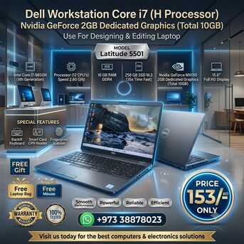 Manama, Tablet Computers, BHD 153,  DELL Workstation Core I7 (H Processor) 2GB Graphic (Total 10 GB) 16GB Ram 15.6" Display