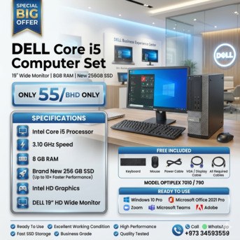 Muharraq, Computers, BHD 55,  Good Offer DELL Core I5 Computer Set With DELL 19" Wide Monitor 8GB RAM + 256GB SSD Win 10