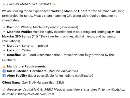 Yanbu, Jobs, Urgent: Welding Machine Operator (Miller Maxstar 280) - Long Term - Yanbu