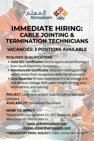 Dammam, Jobs, LV/MV Cable Jointing, Termination, Splicing